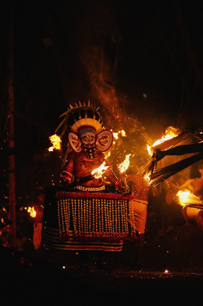 traditional-fire-dance-performance-at-night-31280629 A captivating traditional fire dance captured under the night sky, showcasing intricate costumes and vibrant flames.